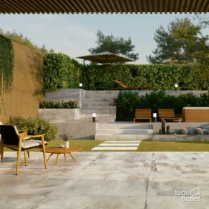 Flatiron White 2cm – tuinterras Energieker Flatiron White 2 cm terrastegels in een tuin met pergola