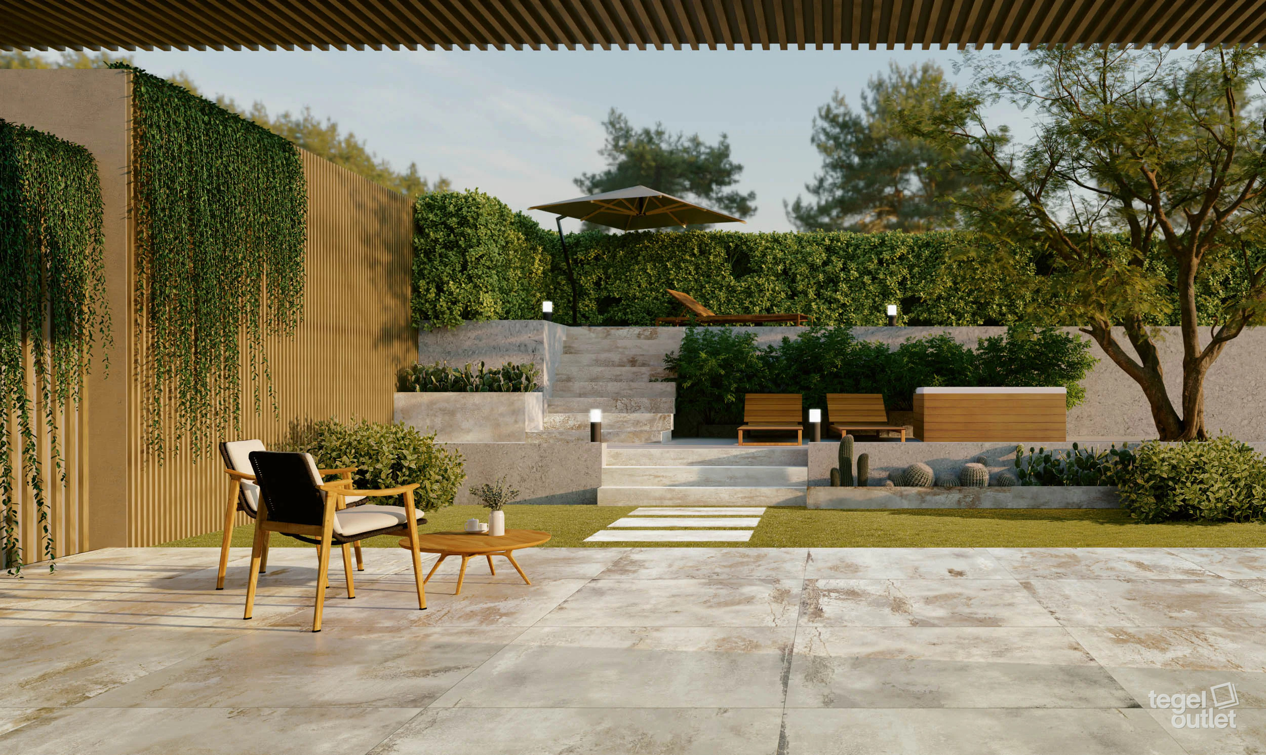 Energieker Flatiron White 2 cm terrastegels in een tuin met pergola