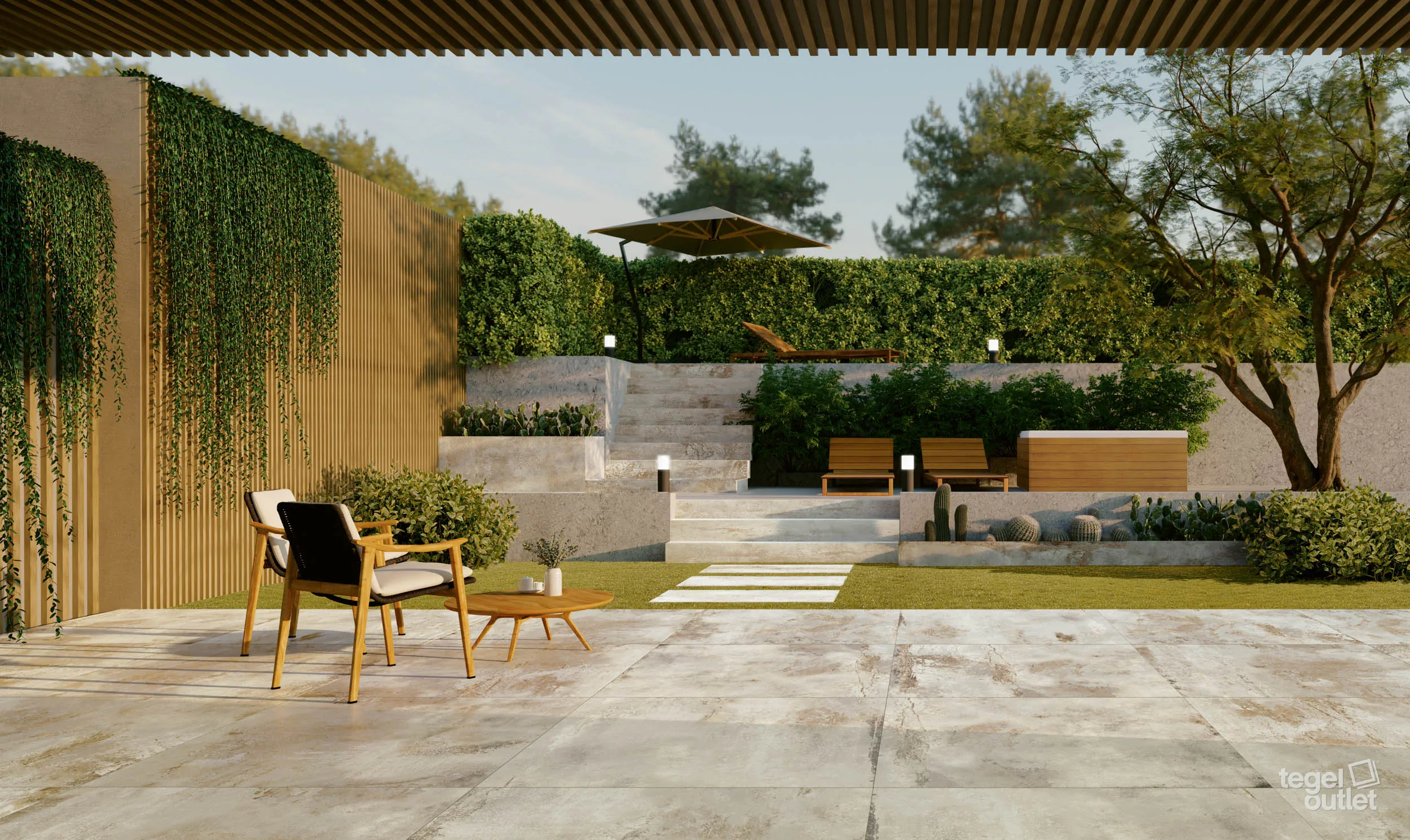 Energieker Flatiron White 2 cm, carreaux de terrasse dans un jardin avec pergola