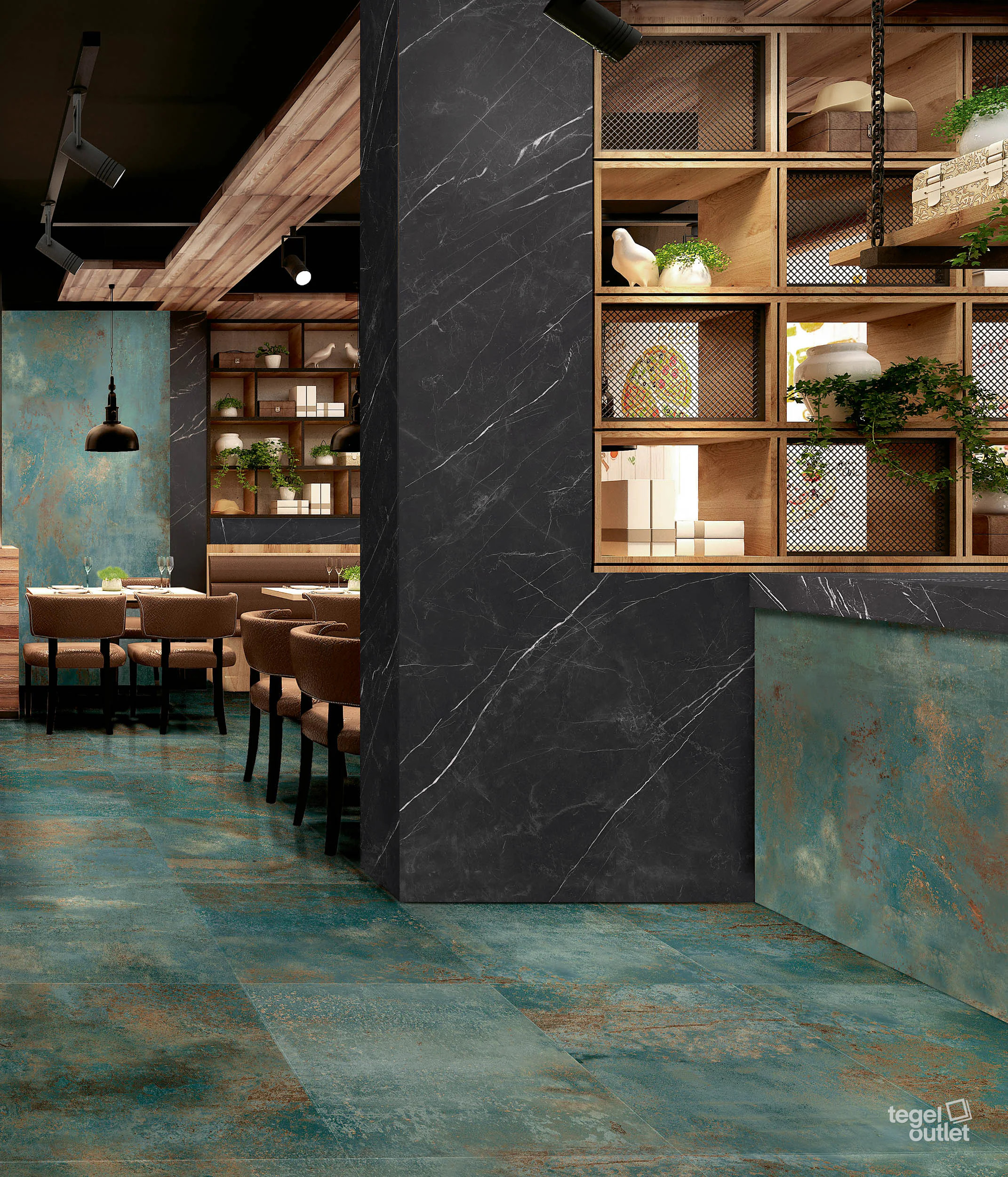 Energieker Flatiron Jeko 120×280 wand en 60×120 vloer in een restaurant