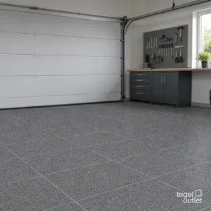 Sfeerbeeld (illustratie): garage met een vloer in antracietgrijze, fijn gespikkelde tegels