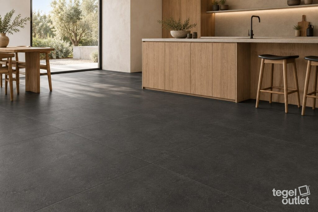 Carreaux de sol anthracite Gravel Black 75x150 dans une cuisine ouverte avec des meubles en bois
