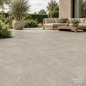 Sfeerimpressie met Gravel Earth 60×120 2cm · terras
