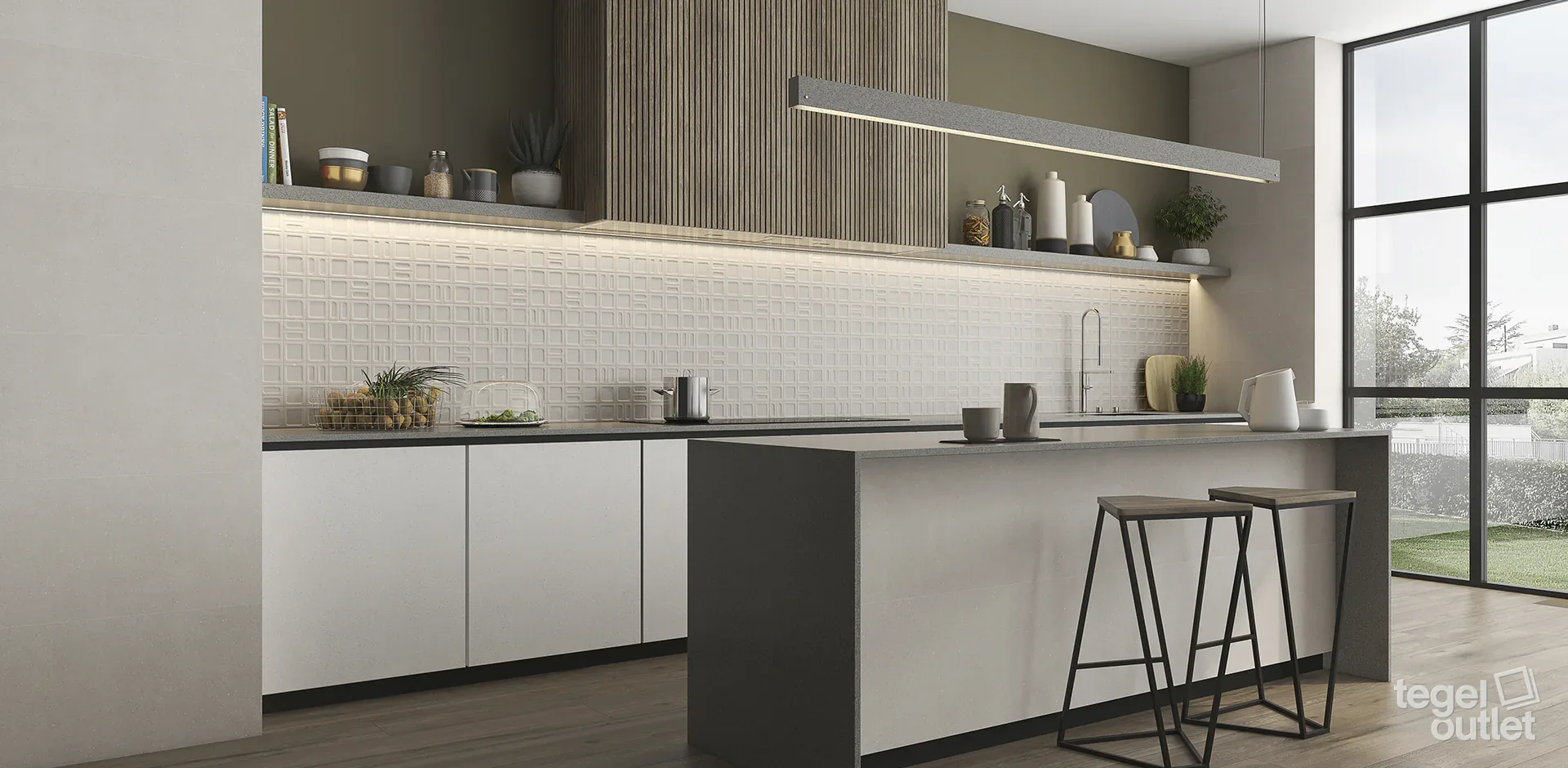 Argenta Gravel Cream vloertegels en Gravel Square Cream wandtegels als spatwand in een keuken