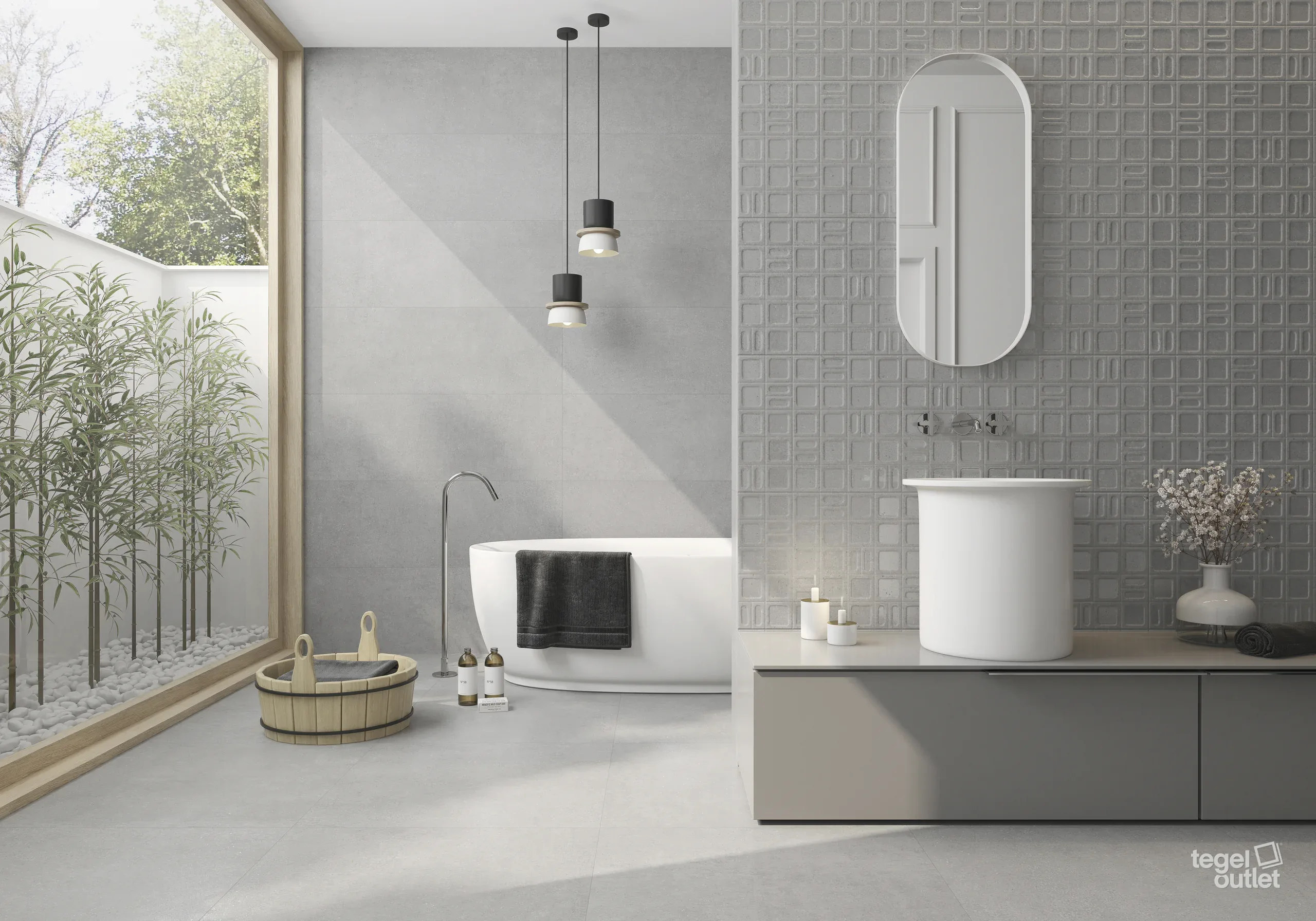 Carrelage de sol et de mur Argenta Gravel Grey avec mur d'accent Gravel Square Grey dans une salle de bains