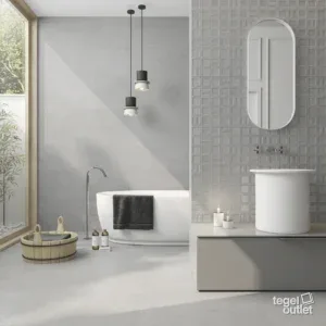 Carrelage de sol et de mur Argenta Gravel Grey avec mur d'accent Gravel Square Grey dans une salle de bains