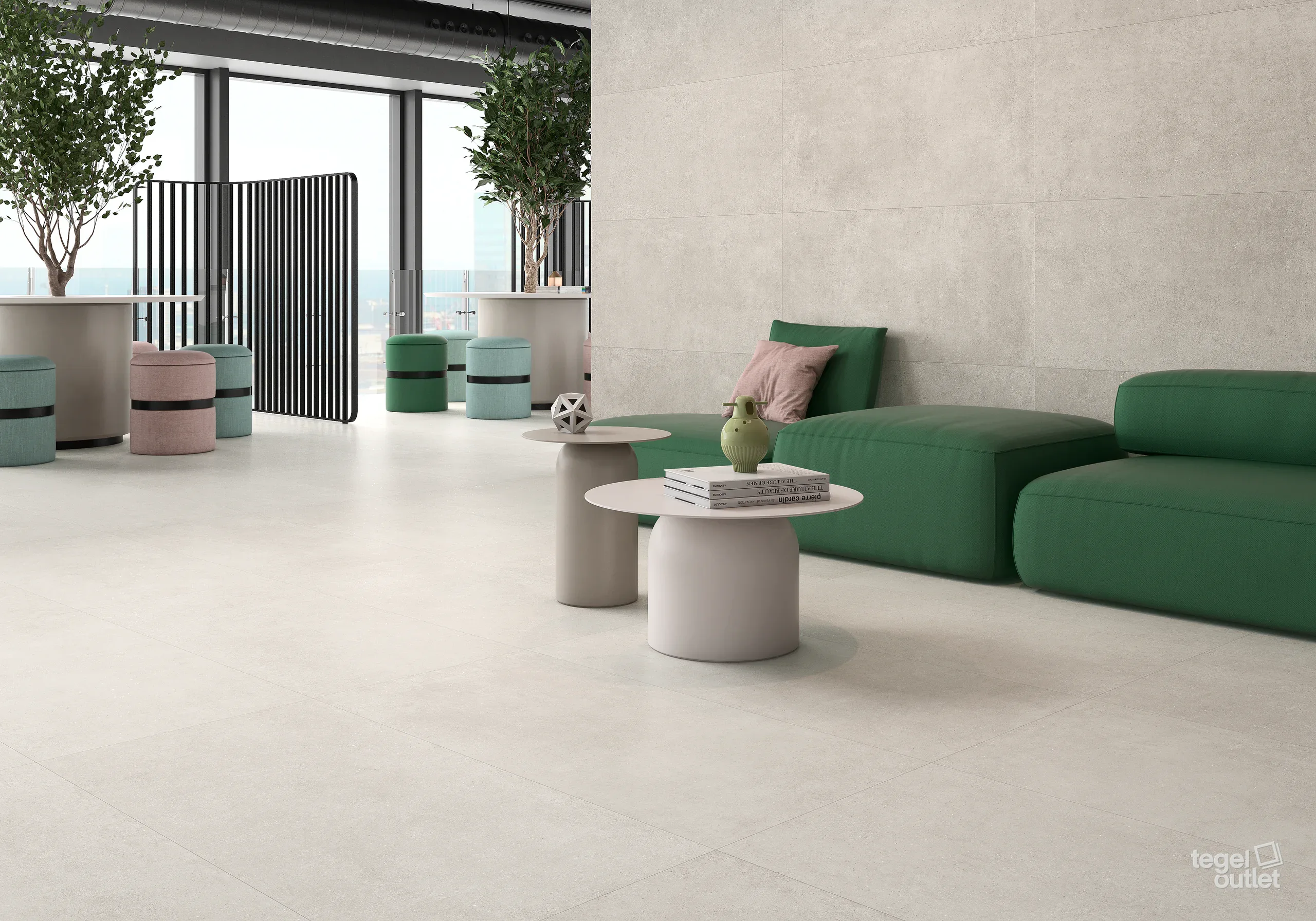 Carreaux de sol et muraux Argenta Gravel Cream 60×120 dans un espace lounge