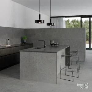 Carreaux de sol et muraux Argenta Gravel Shadow 60×120 dans une cuisine