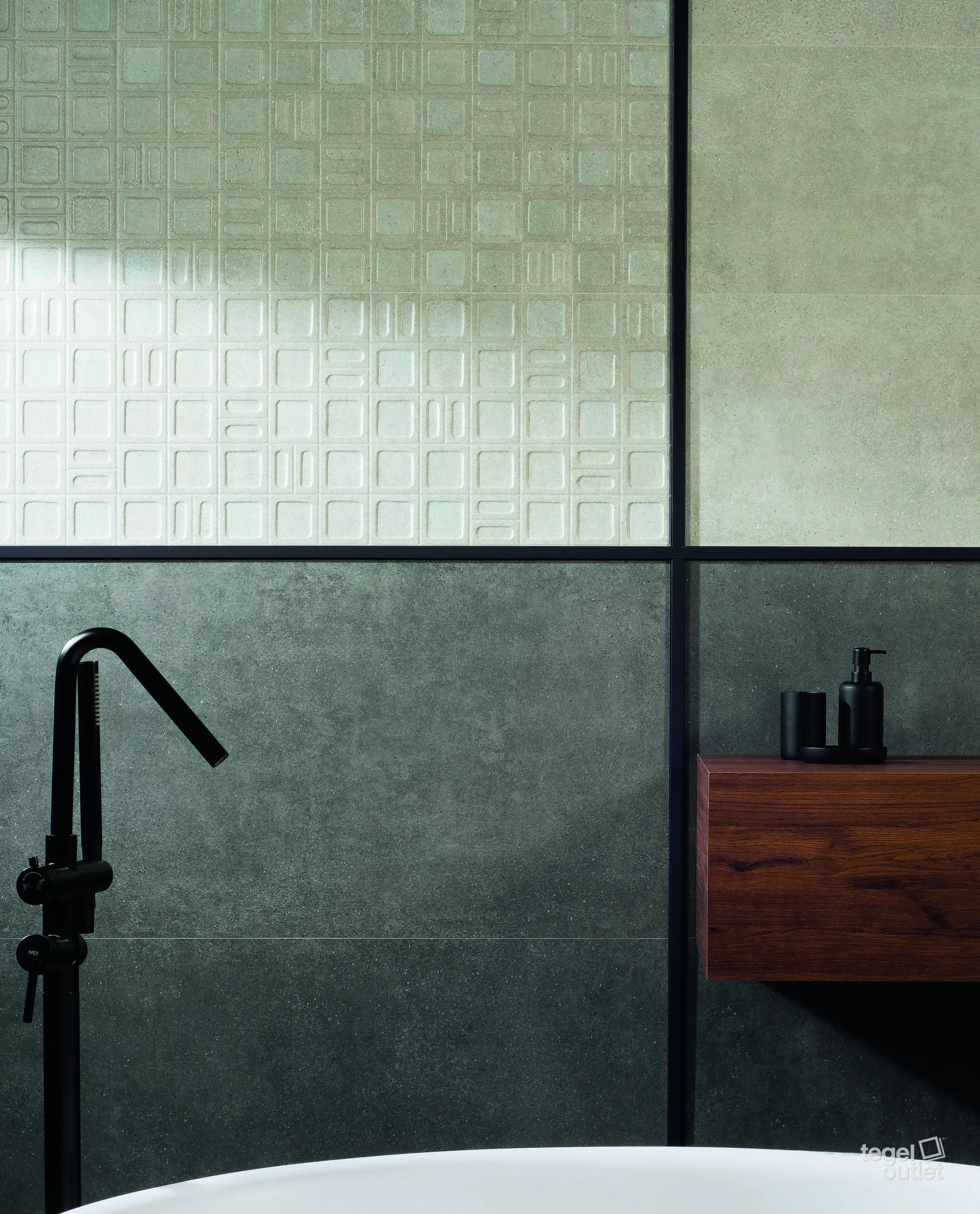 Argenta Gravel White en Gravel Square White wandtegels 40×120 in een badkamer, vloer Gravel Shadow