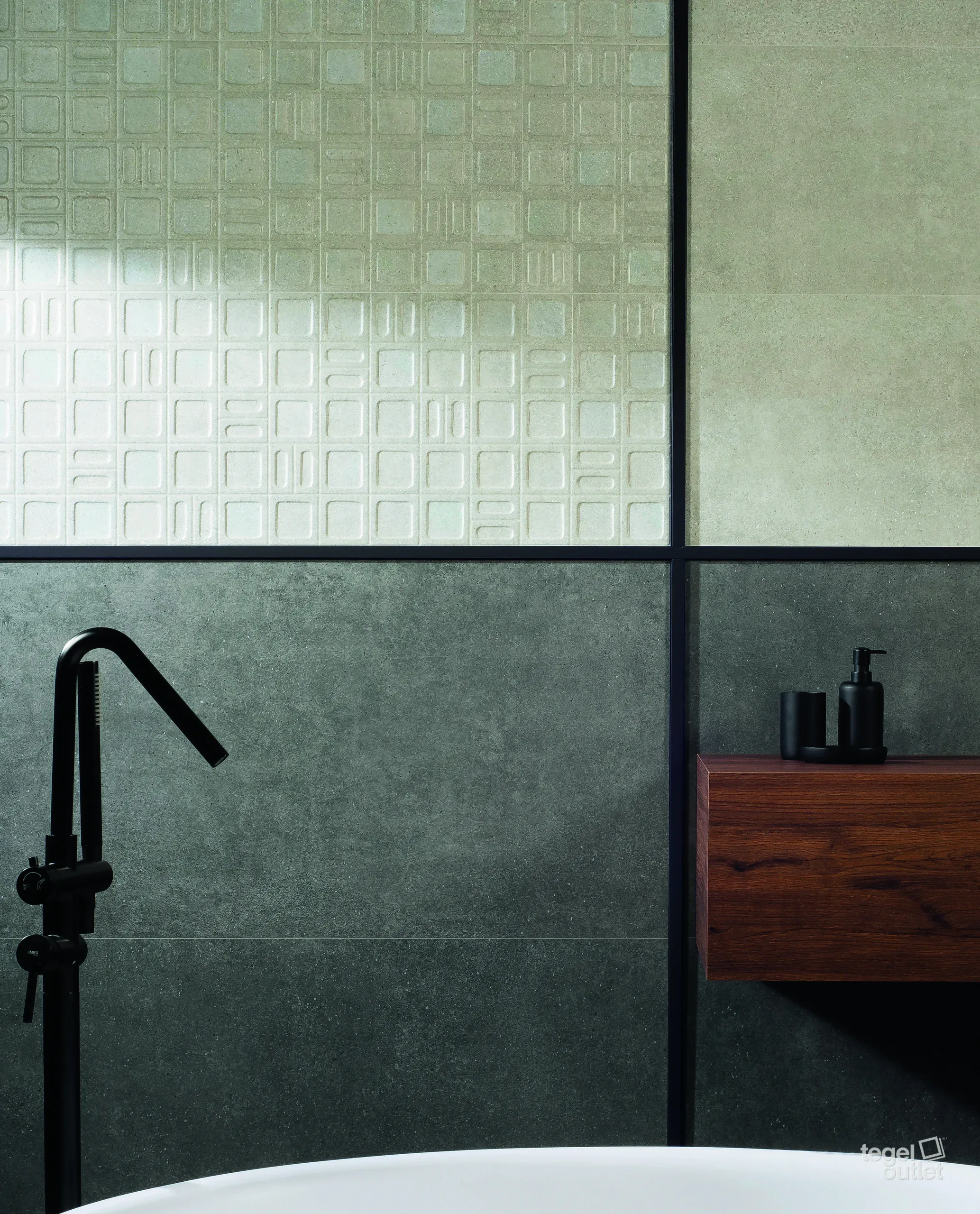 Argenta Gravel White en Gravel Square White wandtegels 40×120 in een badkamer, vloer Gravel Shadow