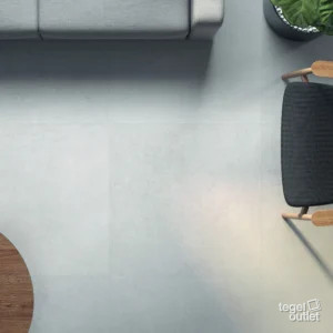 Argenta Gravel White vloertegels 90×90 in een woonkamer, van bovenaf
