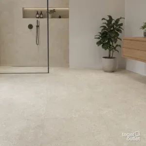Sfeerbeeld (illustratie): woonruimte of badkamer met tegels in beige en grijs