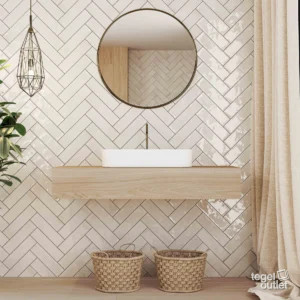 Ecoceramic Harlequin Bianco glanzende wandtegels in visgraat in een badkamer