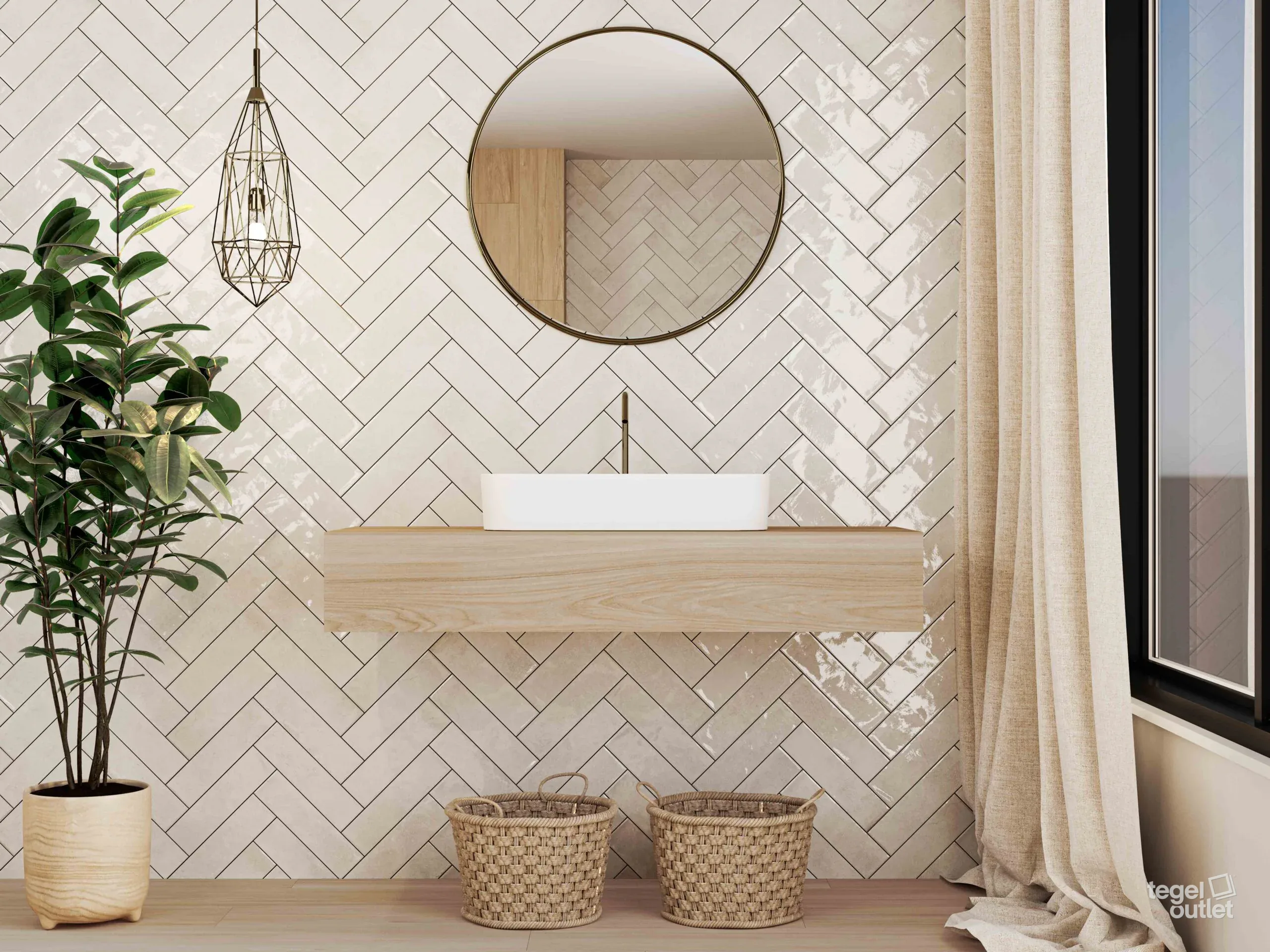 Carreaux muraux brillants Ecoceramic Harlequin Bianco posés en bâtons rompus dans une salle de bains