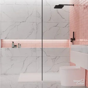 Ecoceramic Harlequin Rose glanzende wandtegels in een badkamer