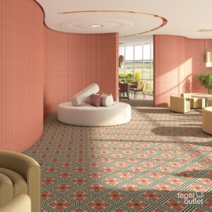 Zakelijke loungesfeer met Vives Ikaika 30x30 als geometrische vloer