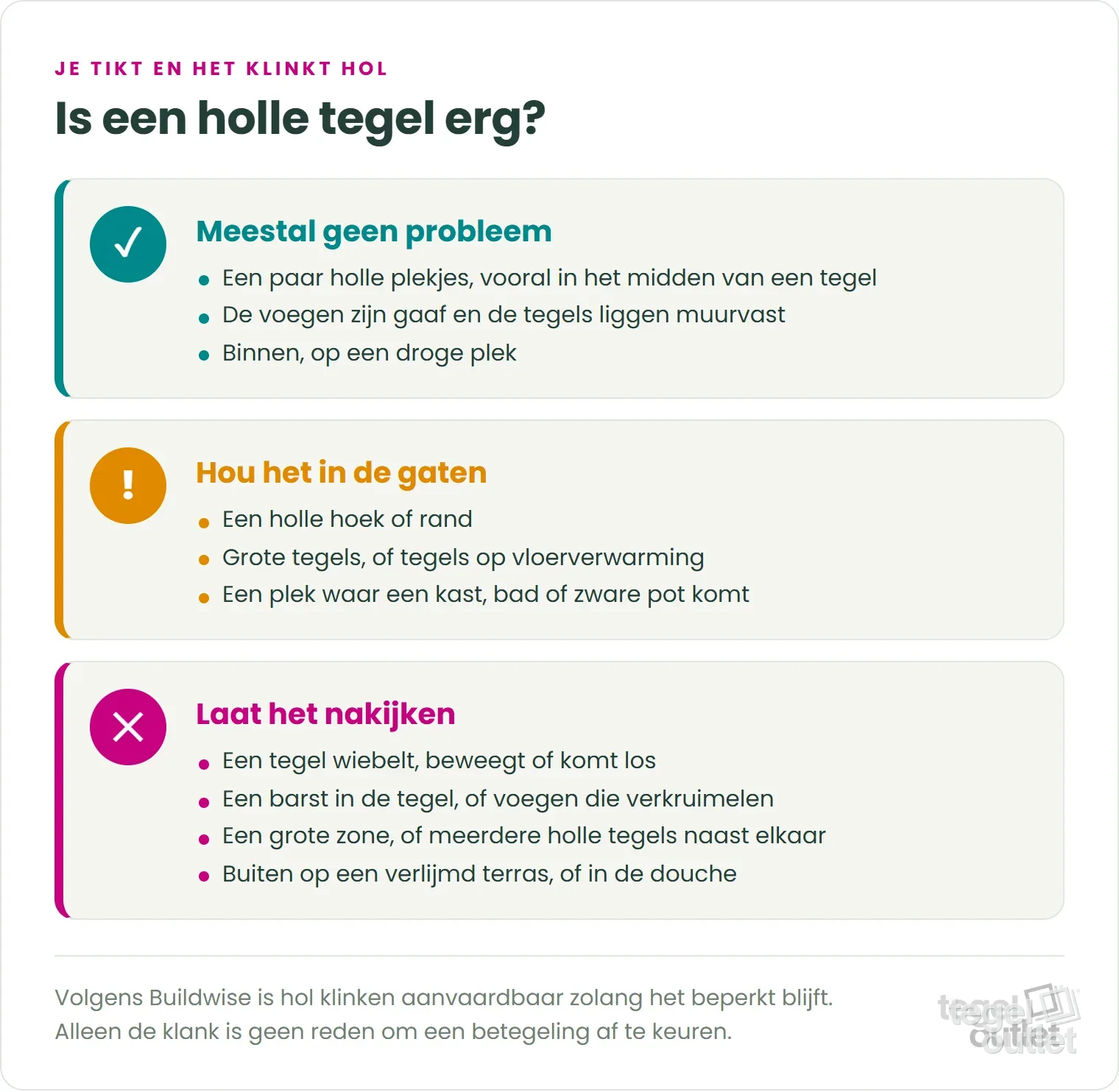 Is een holle tegel erg? Meestal geen probleem bij enkele holle plekjes, in de gaten houden bij holle hoeken en grote tegels, laten nakijken als tegels loskomen of voegen barsten