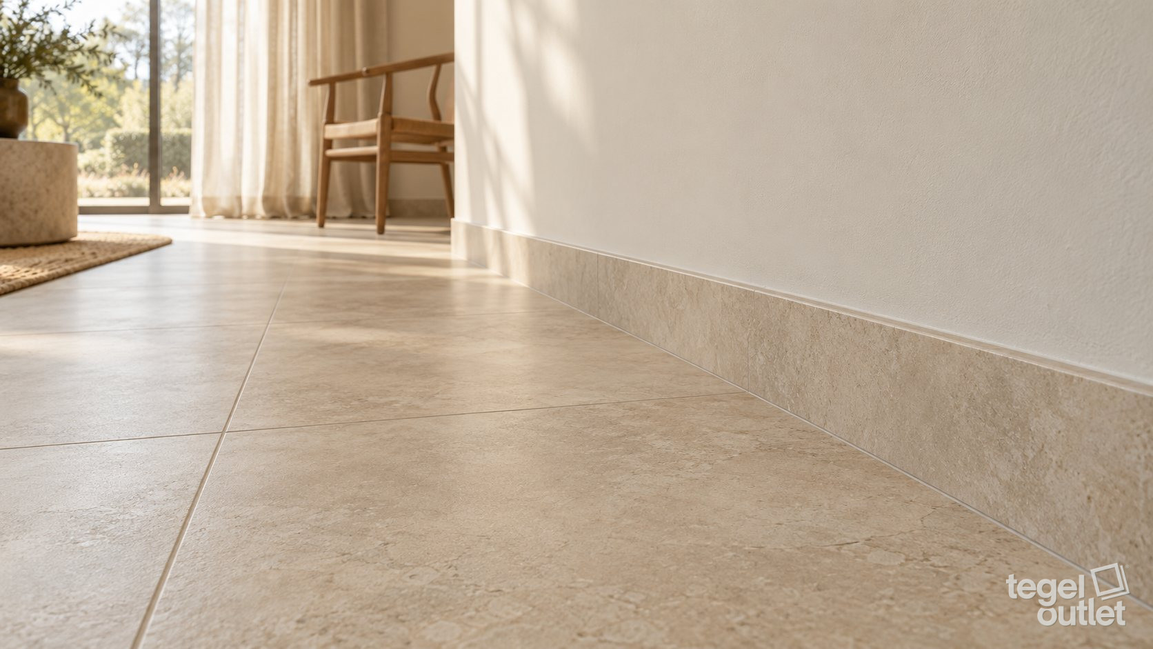 Inspiratiebeeld (AI): warm interieur met een beige tegelvloer en bijpassende keramische plinten