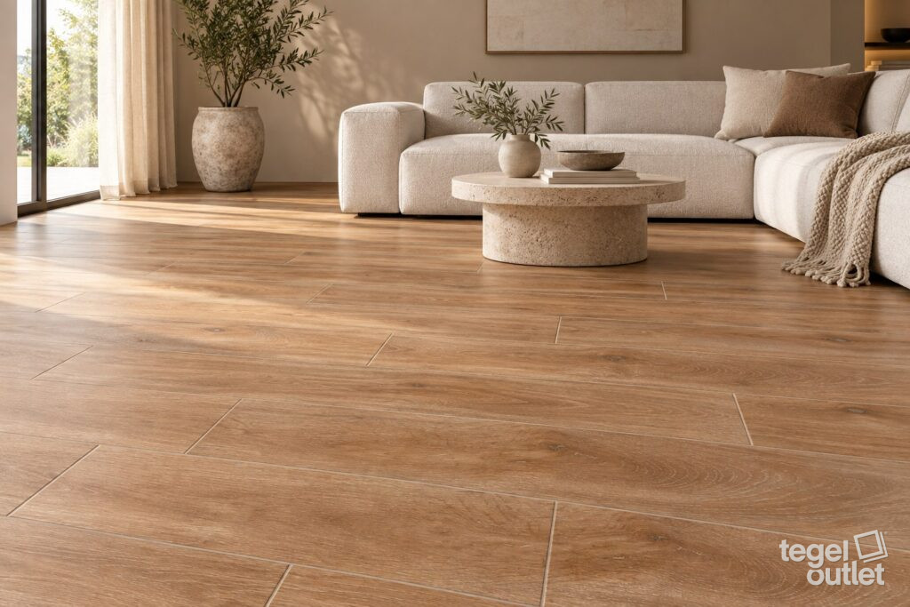 Carreaux de sol effet bois aux tons chaleureux Kootenai Straw 20x120 dans un salon accueillant