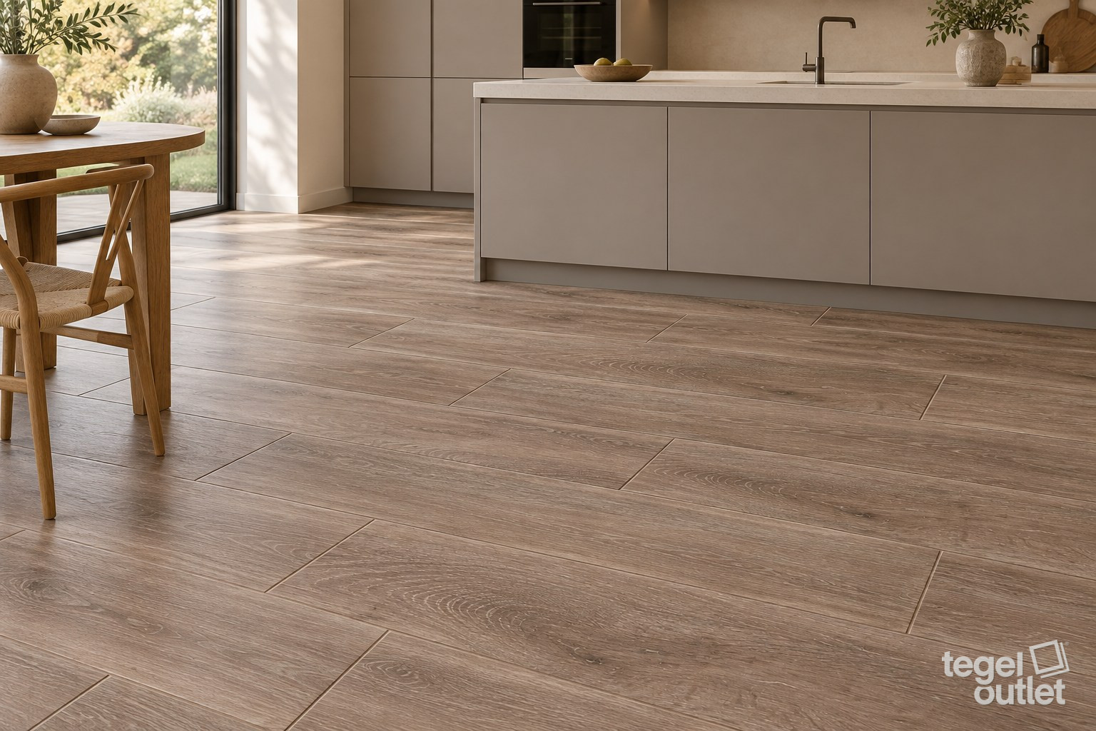 Sfeerimpressie met Kootenai Taupe 20×120 · keuken