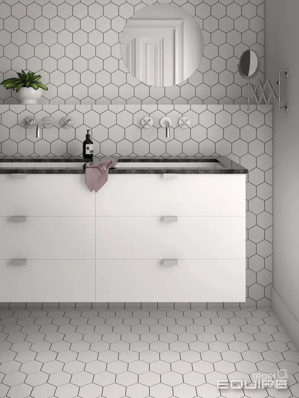 Photo d'ambiance : salle de bains avec des carreaux hexagonaux blancs au mur et au sol, avec des joints foncés