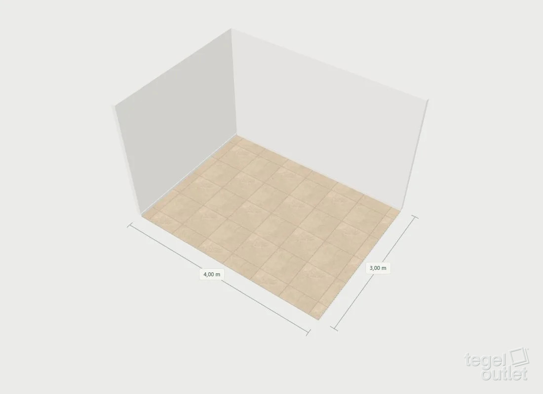 Voorbeeld van het 3D-legplan: een ruimte van 4 bij 3 meter met beige tegels, zichtbare voegen en maatlijnen.