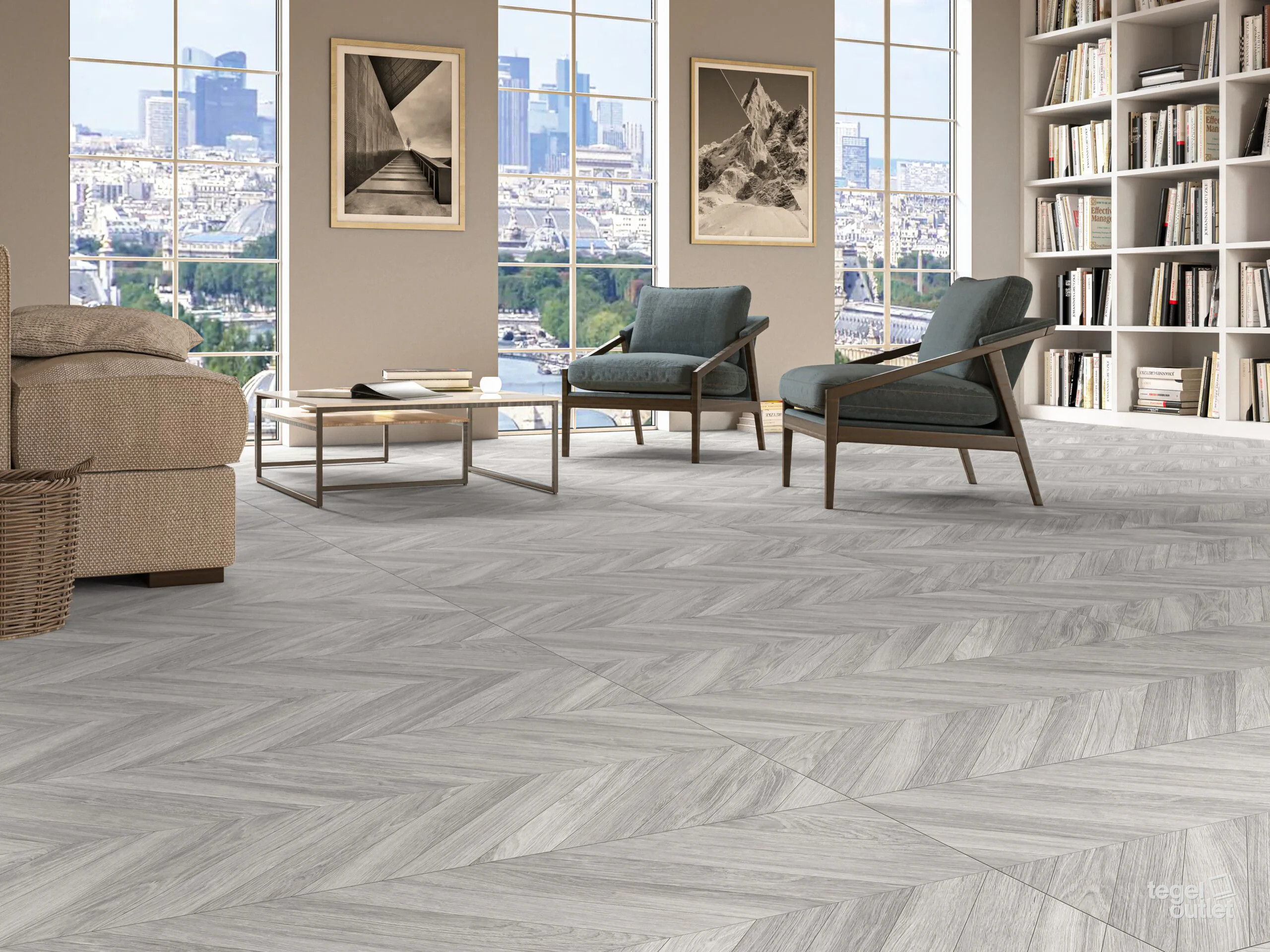 Ecoceramic Loire Pearl houtlook chevron vloertegels in een woonkamer