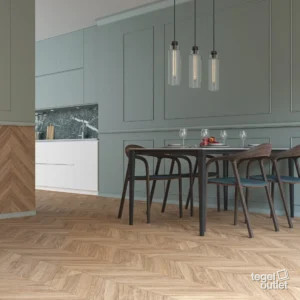 Ecoceramic Loire Maple houtlook chevron vloertegels in een keuken