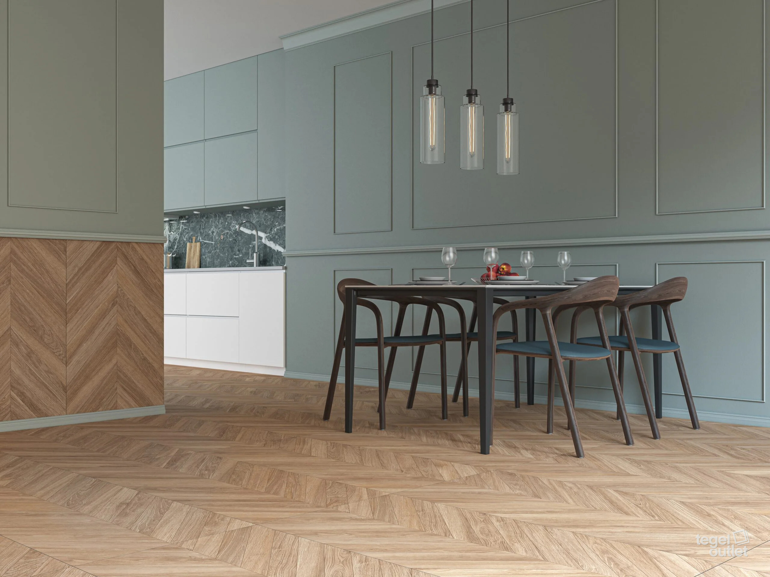 Ecoceramic Loire Maple houtlook chevron vloertegels in een keuken