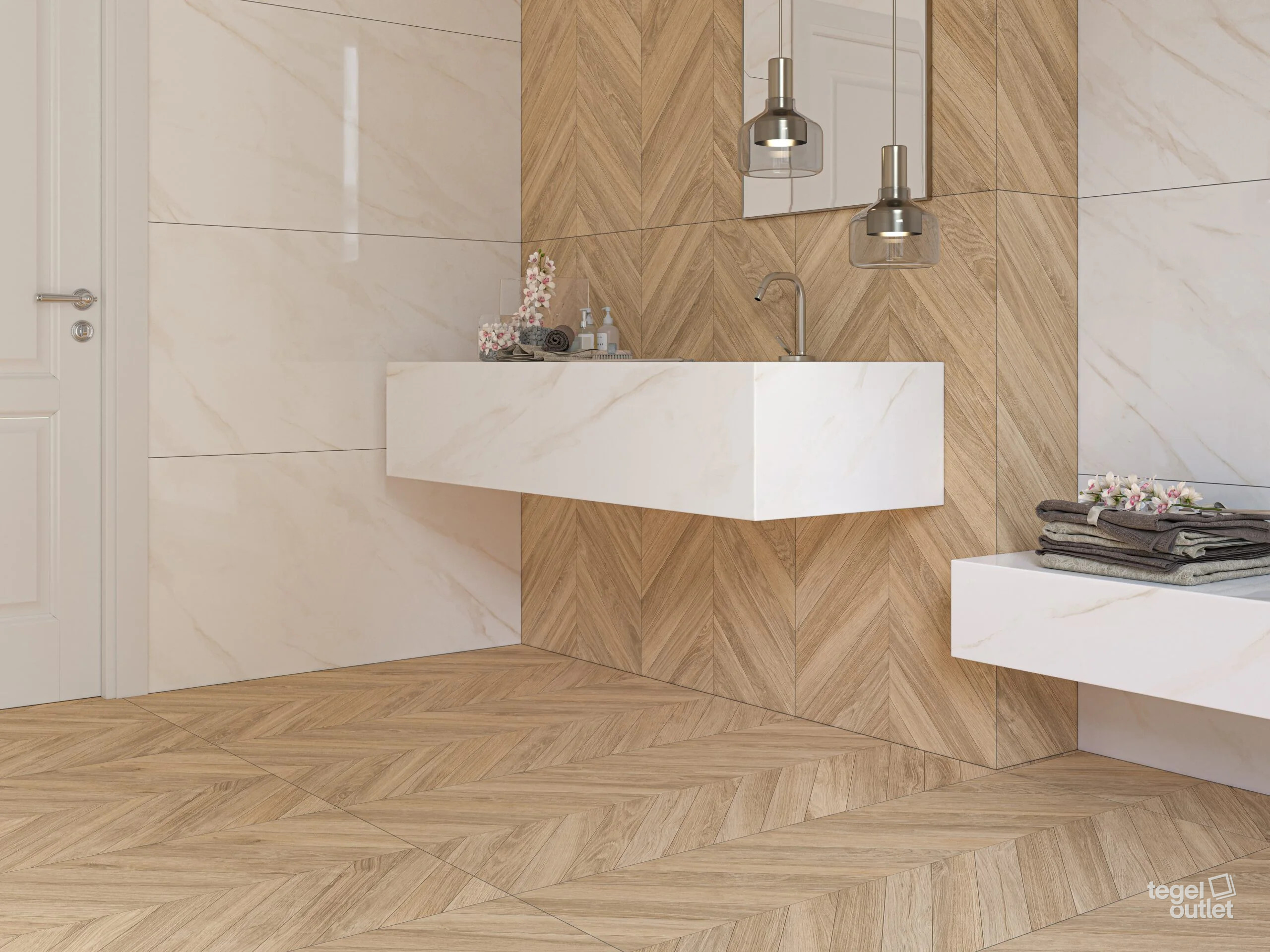 Ecoceramic Loire Maple houtlook chevron tegels in een badkamer