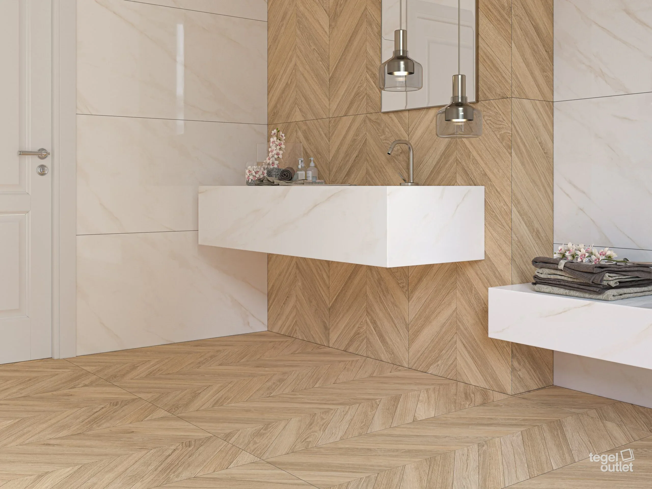 Ecoceramic Loire Maple houtlook chevron tegels in een badkamer