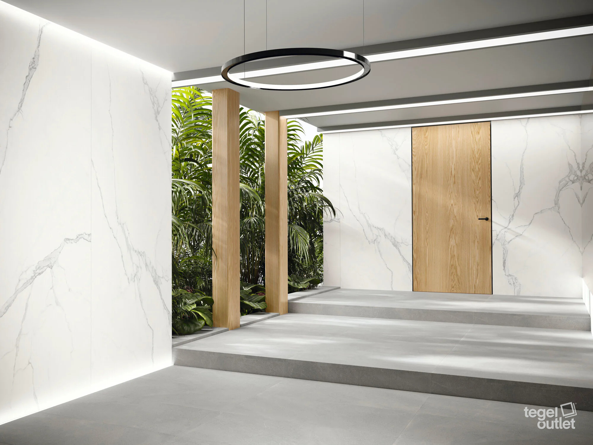 Ape Luna Blanca marmerlook platen op vloer en wand in een hal