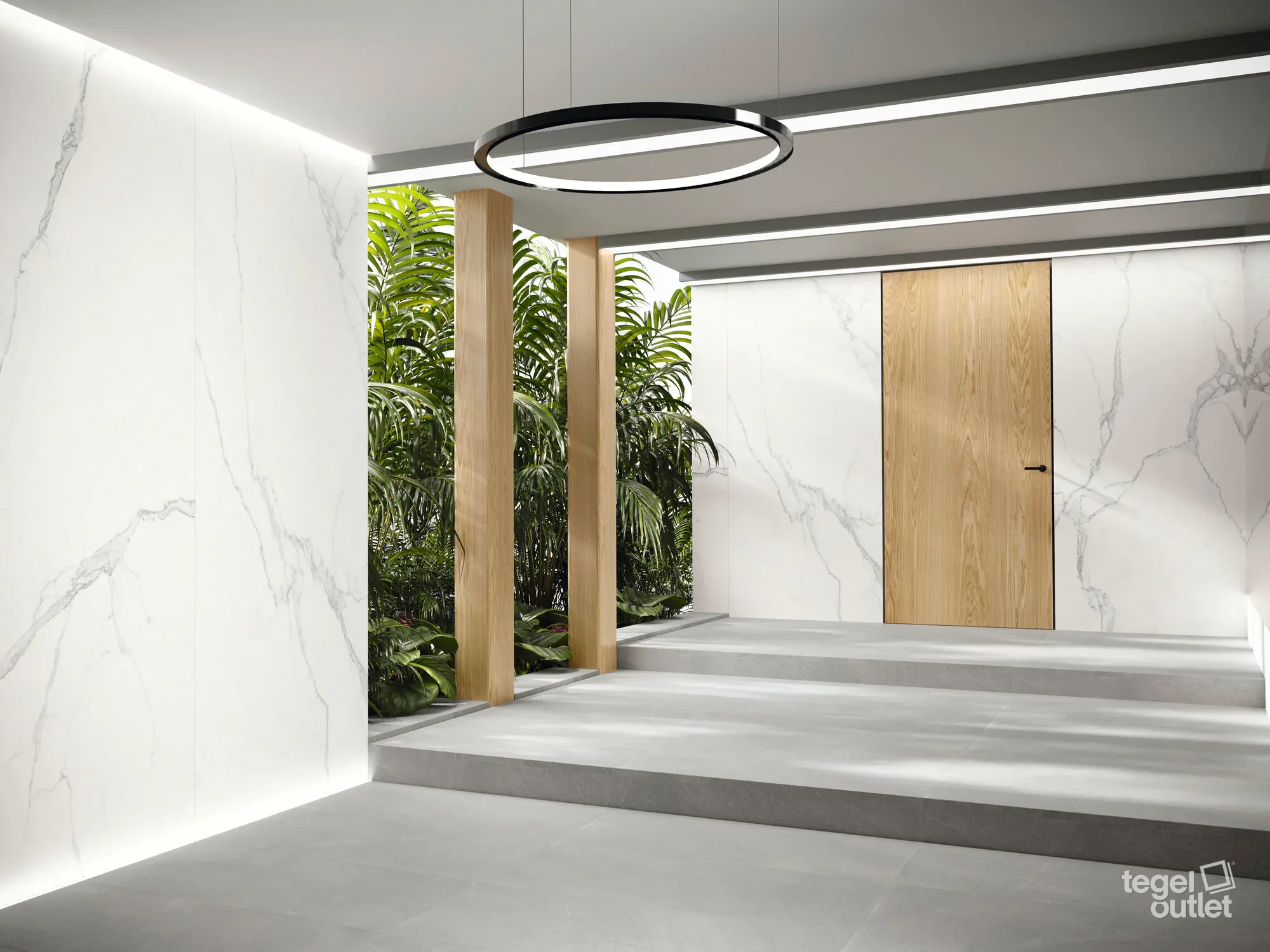 Ape Luna Blanca marmerlook platen op vloer en wand in een hal