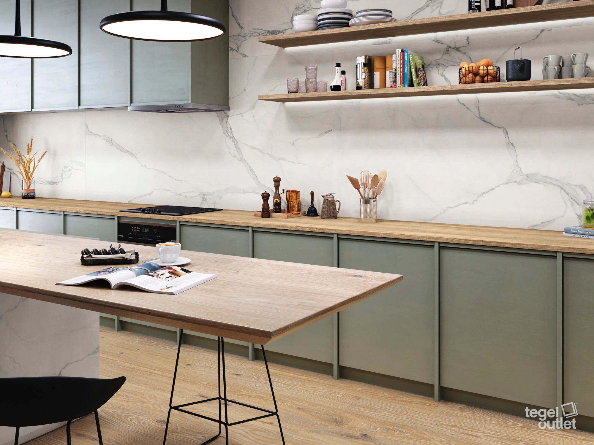Ape Luna Blanca marmerlook tegels als keukenwand