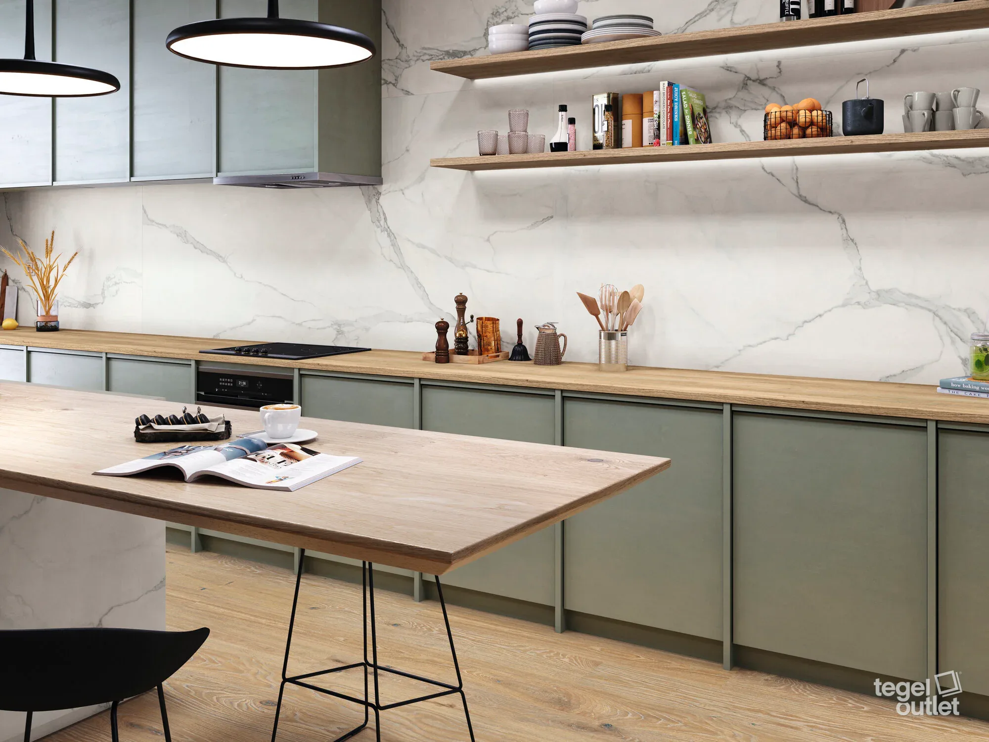 Ape Luna Blanca marmerlook tegels als keukenwand