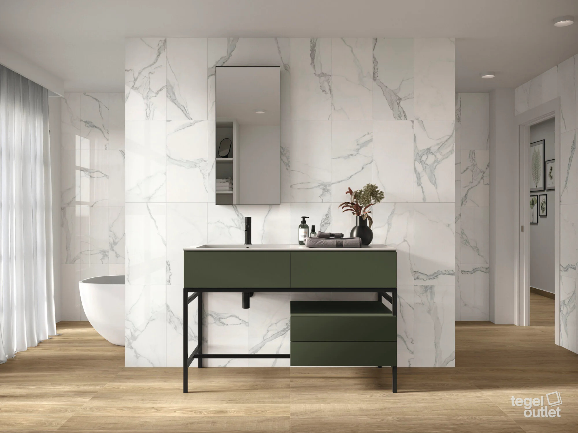Ape Luna Blanca marmerlook tegels in een badkamer