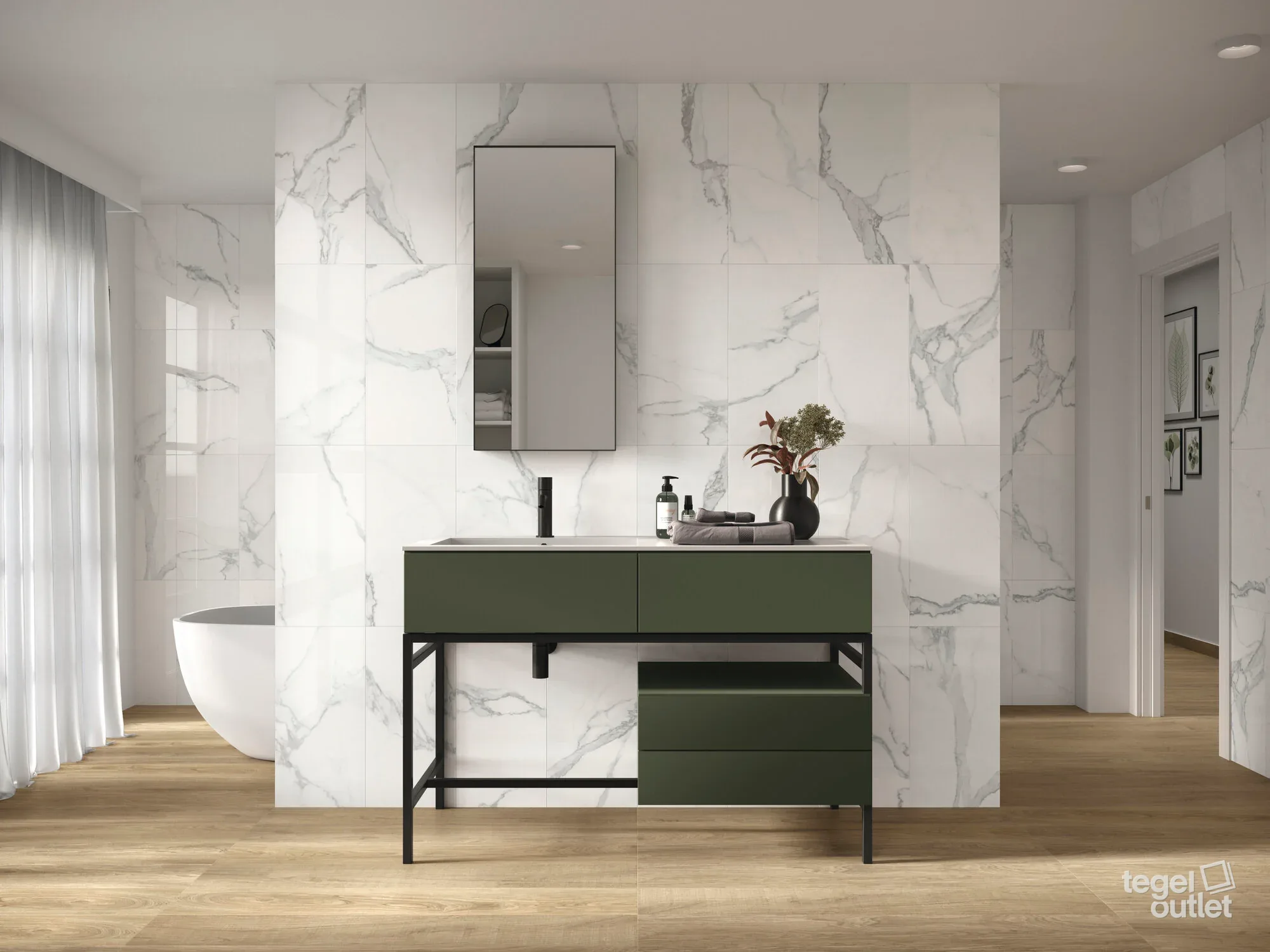 Ape Luna Blanca marmerlook tegels in een badkamer