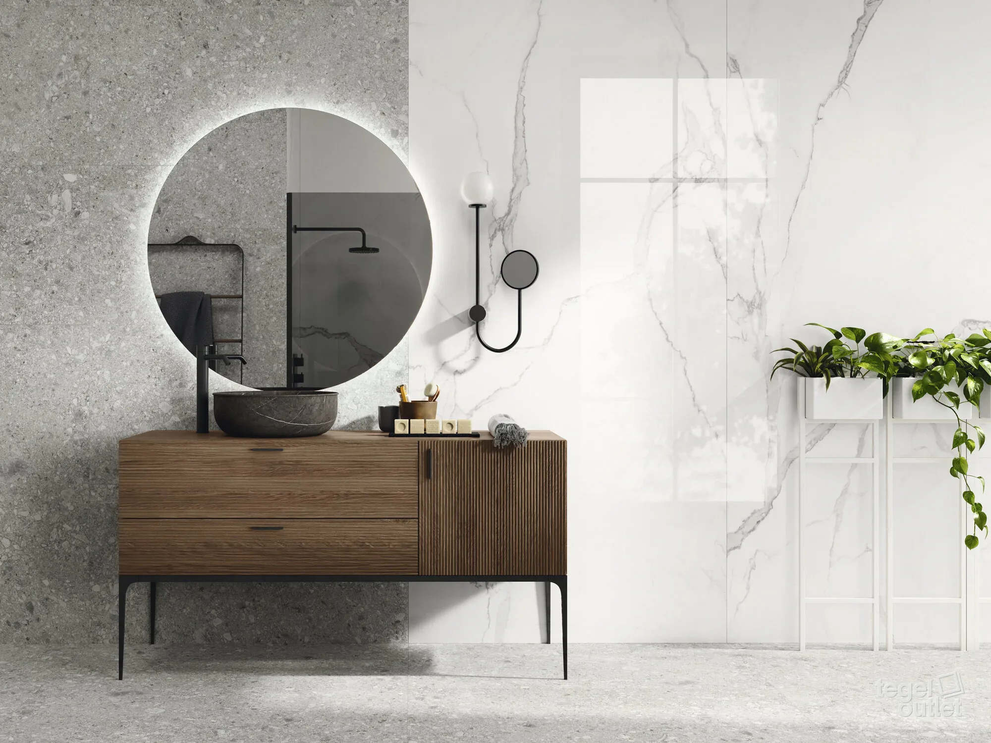 Ape Luna Blanca marmerlook platen als badkamerwand