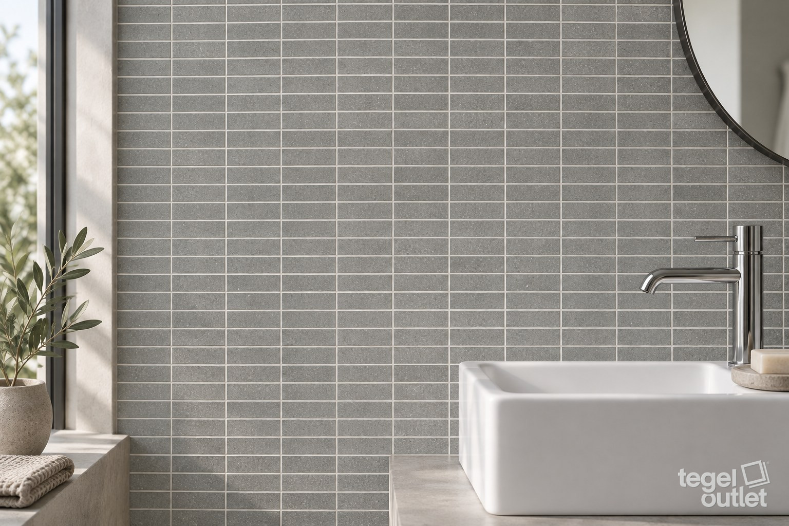 Mise en situation avec Lunar Grey Mozaïek 2,5x7 (30x30) · salle de bains