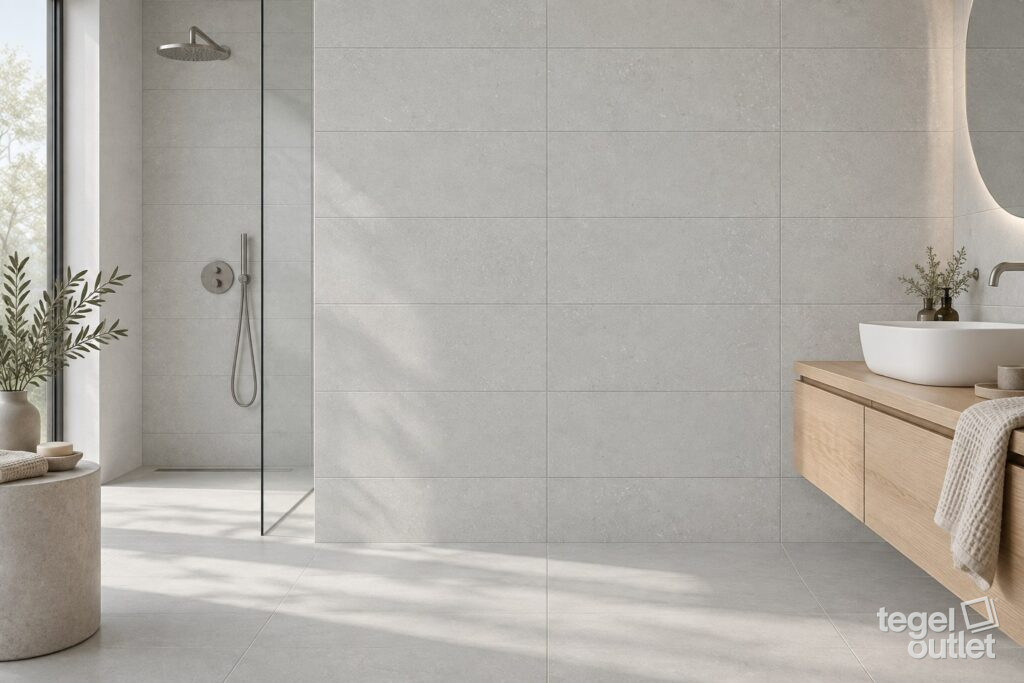 Salle de bains avec douche à l'italienne et carrelage gris clair 30x60 sur le mur et le sol