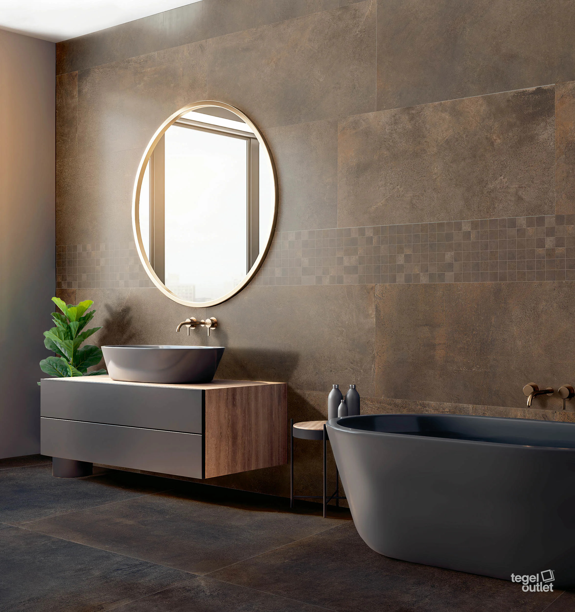 Energieker Magnetic Bronze 60×120 wand en Bronze mozaïek 30×30 in een badkamer