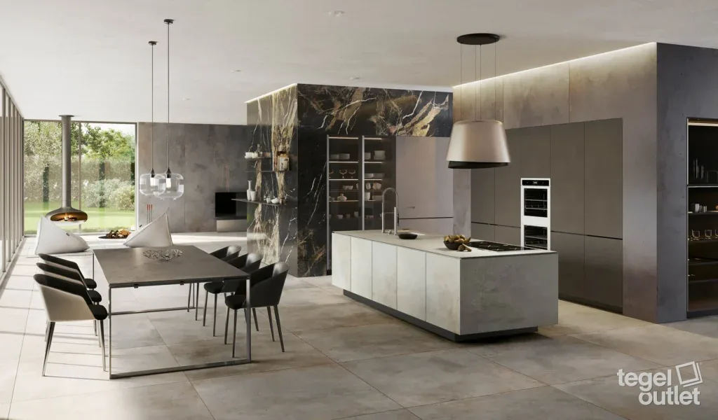 Carreaux gris effet béton Magnetic Dark Grey dans une cuisine moderne et épurée