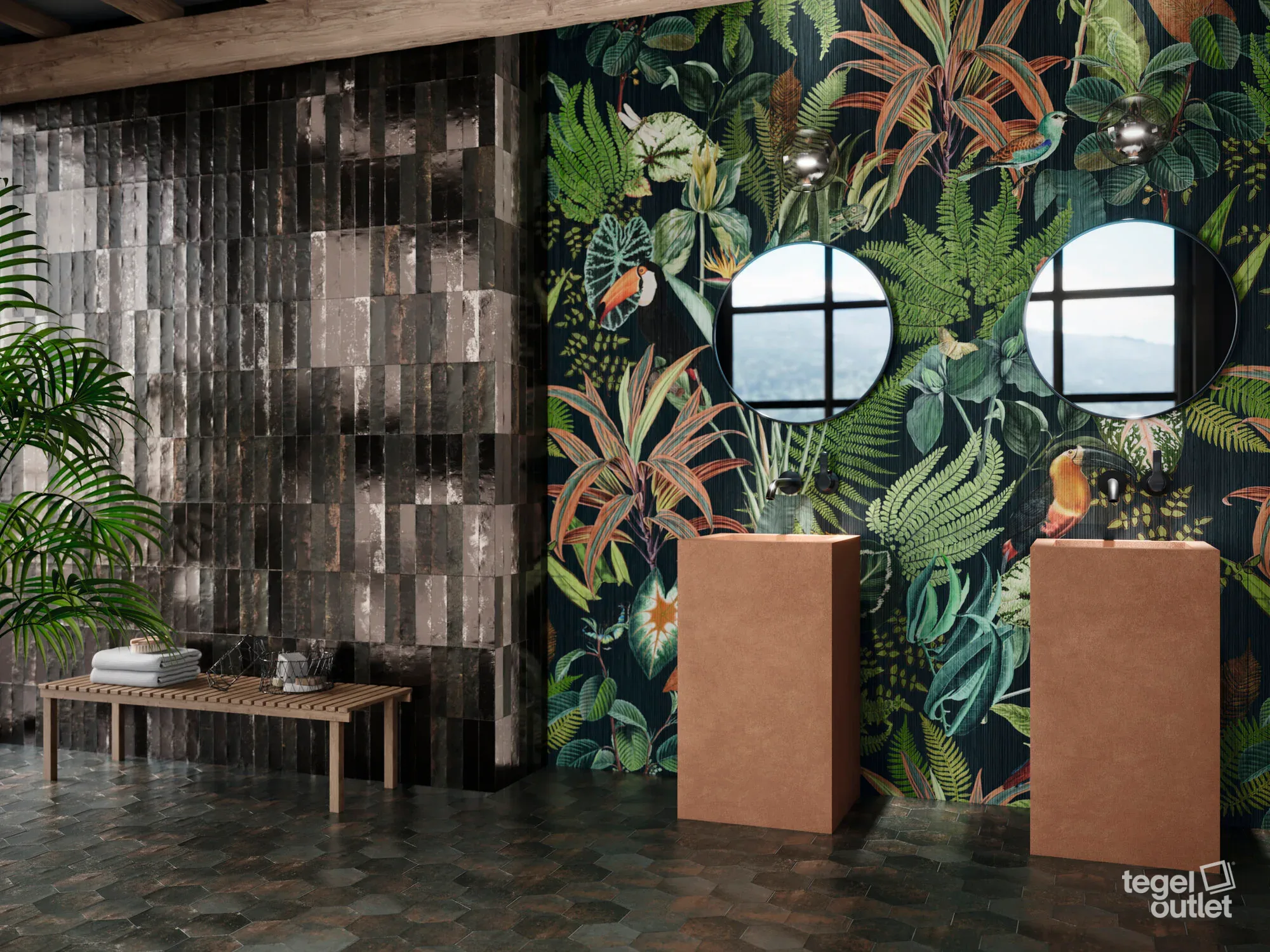 Ape Magnetism Hexa Graphite 13,9×16 tegels in een badkamer