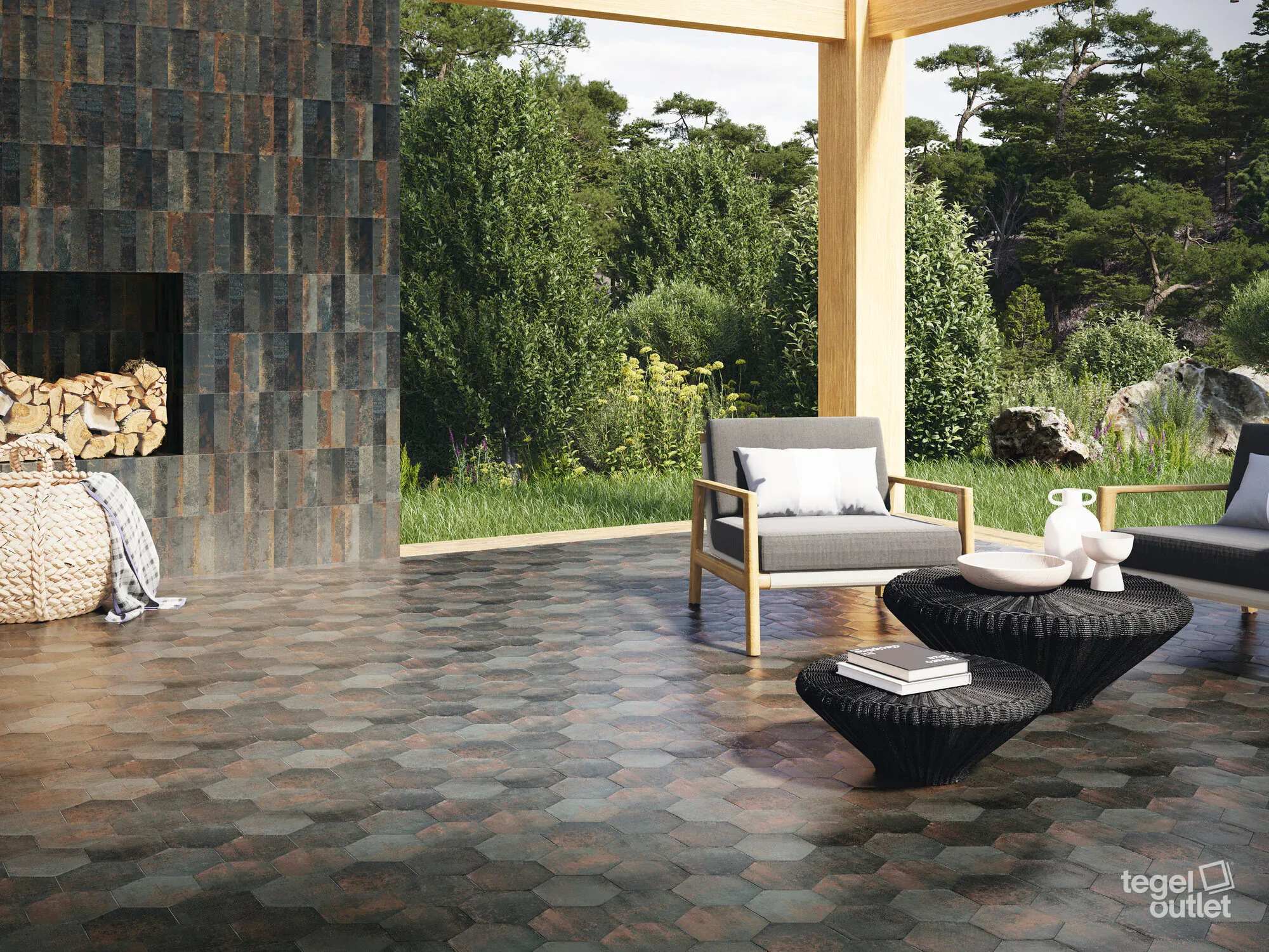 Ape Magnetism Hexa Graphite 13,9×16 tegels in een terras