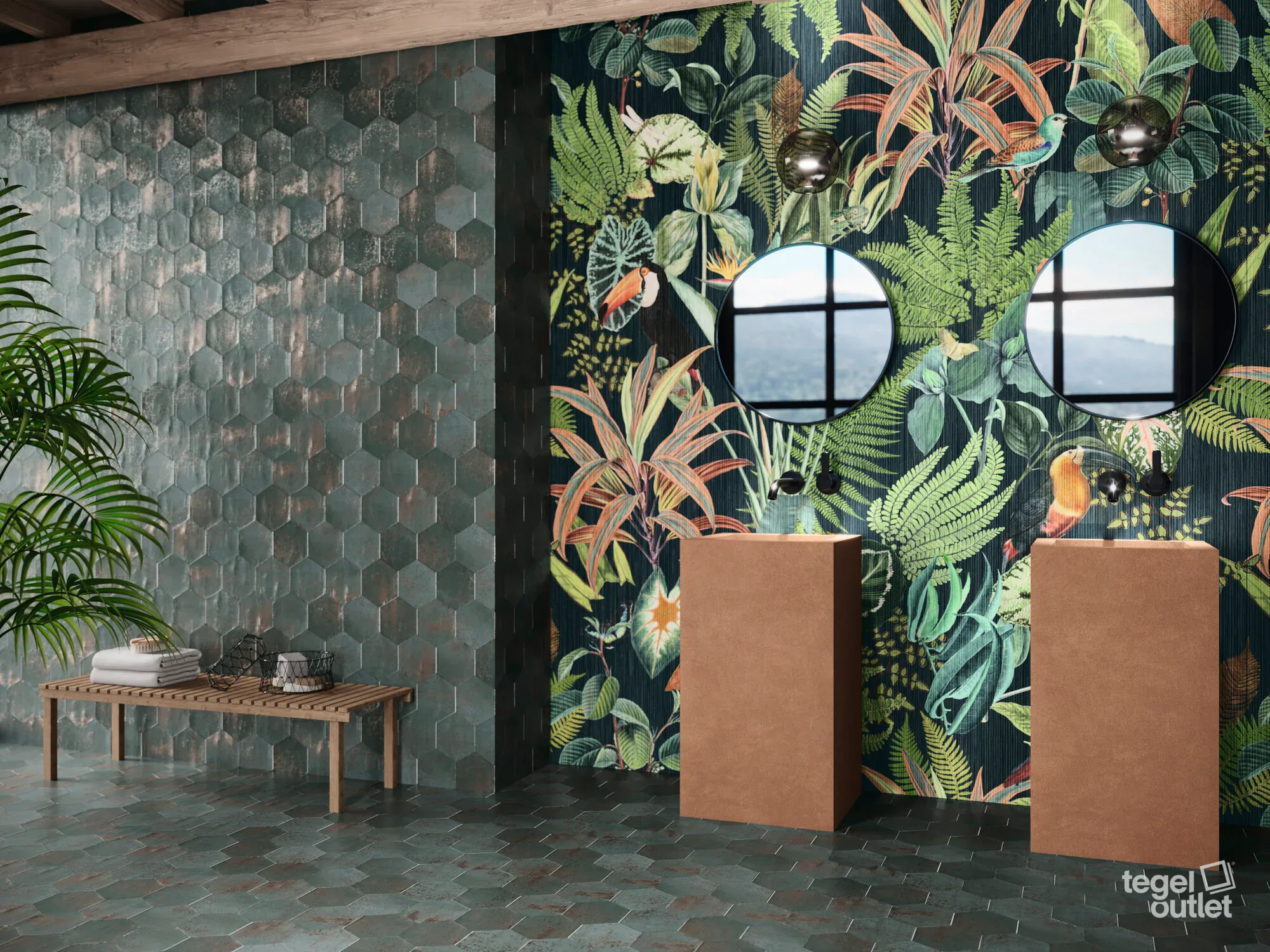 Ape Magnetism Hexa Green 13,9×16 tegels in een badkamer