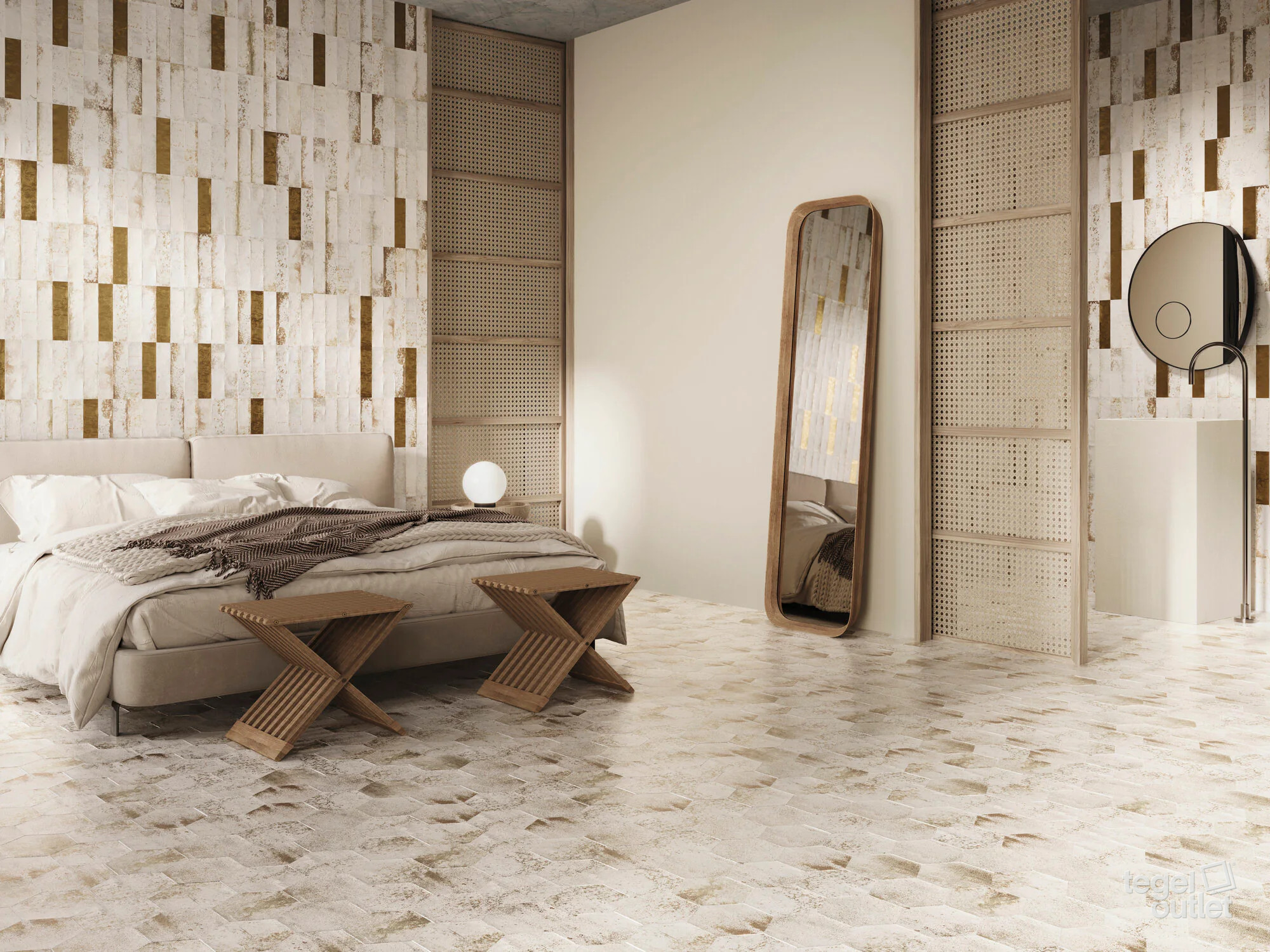 Ape Magnetism Hexa White 13,9×16 tegels in een slaapkamer