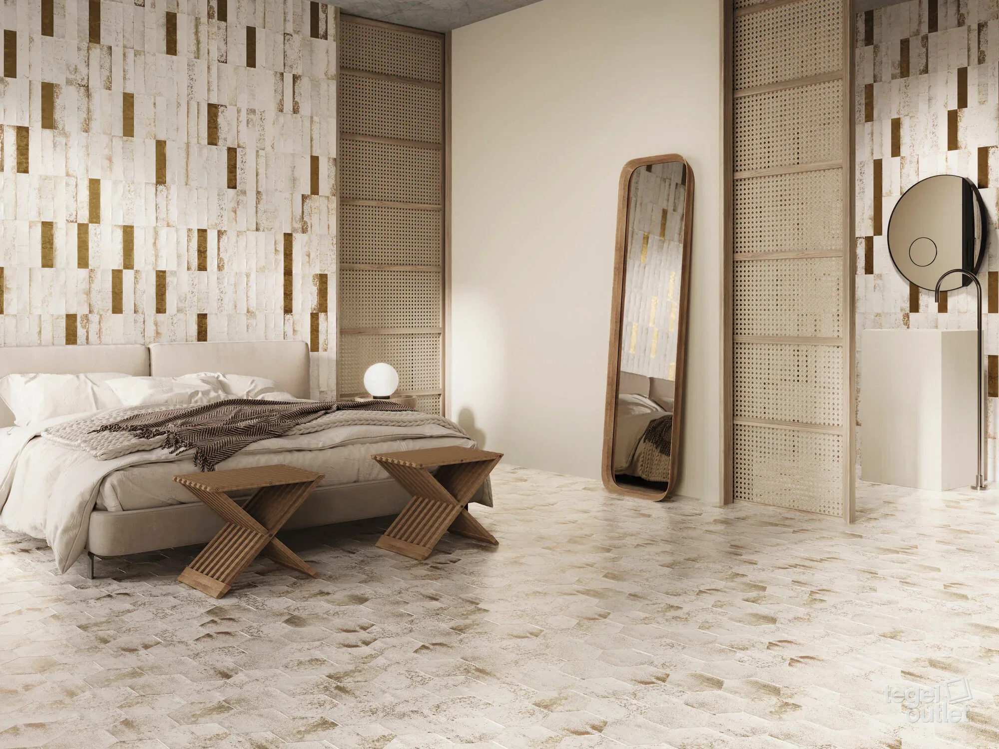 Ape Magnetism Hexa White 13,9×16 tegels in een slaapkamer