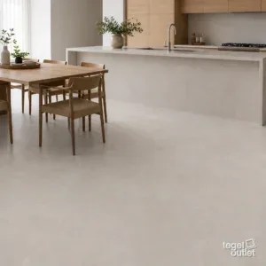 Sfeerbeeld (illustratie): open keuken en eetruimte met een vloer in zandbeige tegels