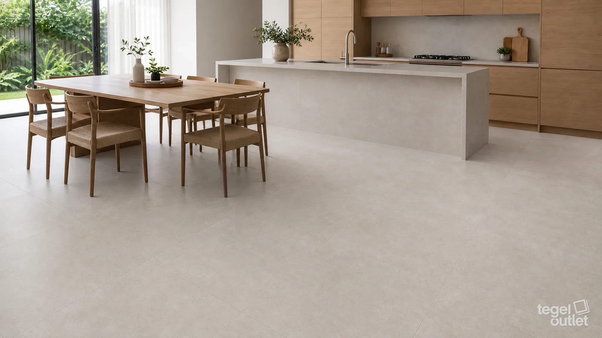 Sfeerbeeld (illustratie): open keuken en eetruimte met een vloer in zandbeige tegels