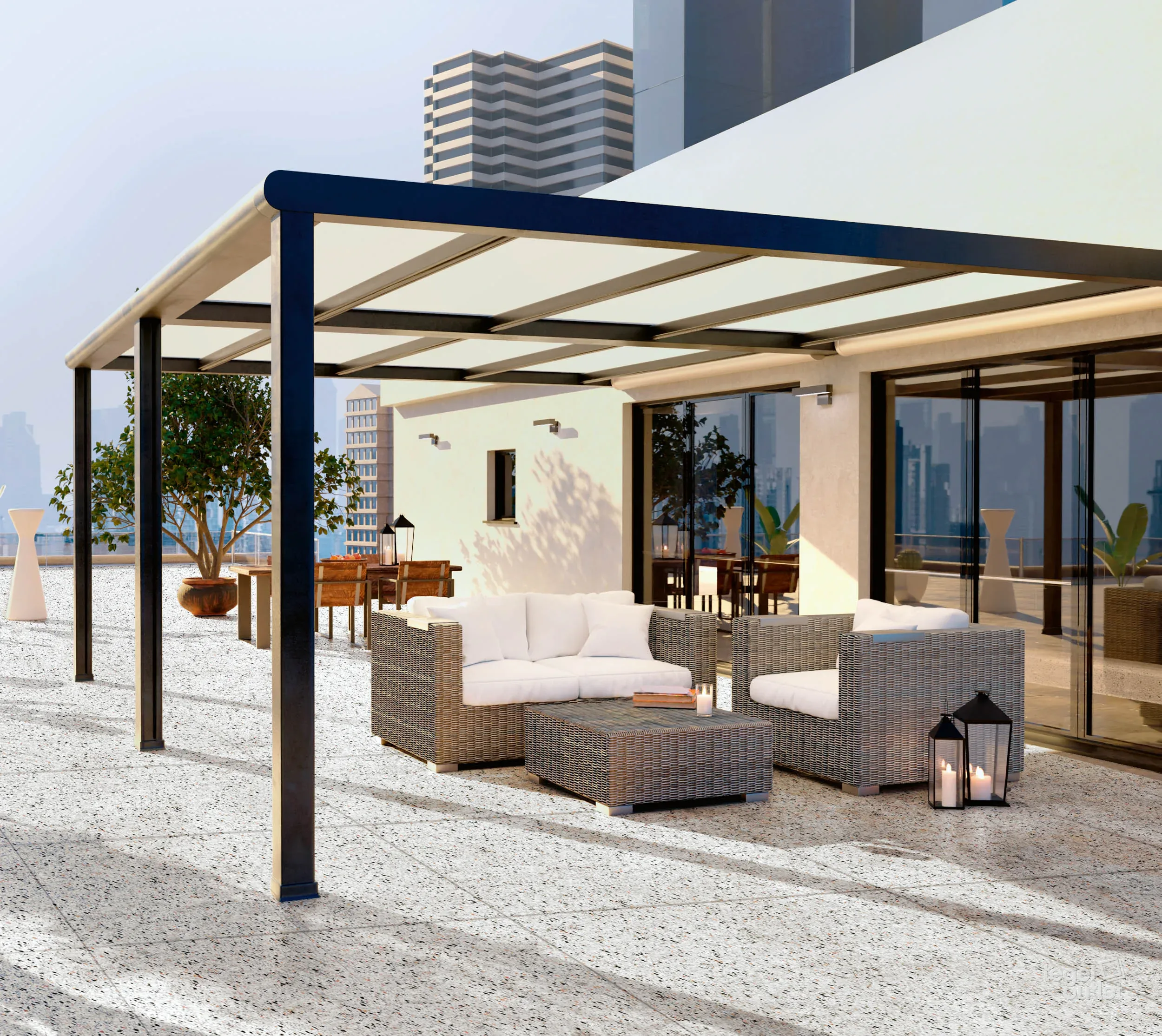 Carreaux de terrasse Energieker Medley White 80×80 de 2 cm sur un toit-terrasse avec fauteuils lounge